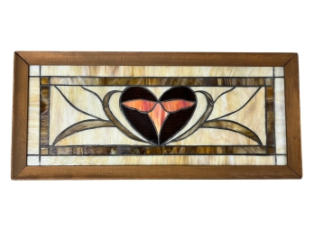 Vintage Stained Glass Panel With Oak Frame - Heart Themed