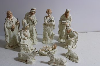 10 Piece Holiday Time White Porcelain Gold Trim Nativity Scene