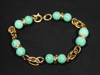 Vintage Jadeite Glass Beaded Gold Tone Bracelet 1920s