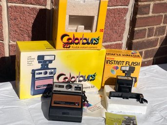 Vintage POLAROID COLORBURST 100 INSTANT CAMERA With Box, Flash And Paperwork