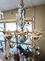 Pair Of Brass Hand Painted  Porcelain Chandeliers , Signed