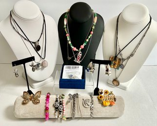Costume Jewelry Lot #1 -9 Necklaces, 3 Prs. Earrings, 2 Brooches, 7 Bracelets Only A Few Marked ( READ Desc)