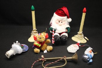 Mixed Christmas Lot W/ Vintage Window Candles, Plush Santa & Bear, Snowman Bell, Electric Outlet Light & More