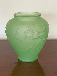 Frosted Green Glass Embossed Flowers Tall Vase 9' Tall Tiffin