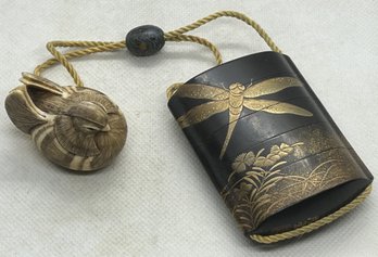 IMPORTANT Signed EDO PERIOD NAKAOJI MOEI 4-CASE INRO WITH ENAMEL OJIME SIGNED GROUSE NETSUKE-sold $9600-