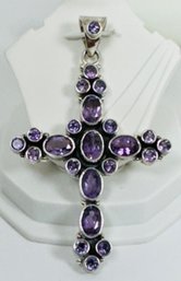 LARGE STERLING SILVER FACETED AMETHYST CROSS PENDANT