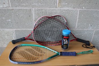 Lot Of Three Racketball Rackets And Balls