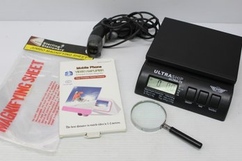 Mixed Office Lot With Package Scale, Magnifying Glasses And Hand Scanner