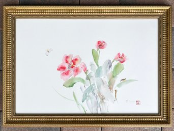 An Original Watercolor, 'Two Bees With Flower,' By Hide Ito Drew