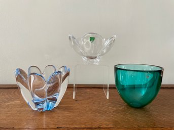 Three Small Orrefors Crystal Bowls Including Pastillo & Mayflower Designs, Made In Sweden