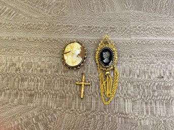 Pair Of Cameos And Gold Filled Cross