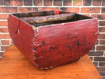 Amazing Antique Chinese Rice Bucket - Old Red Paint - Great Old Make Do Iron Strap Repairs - Great Antique !