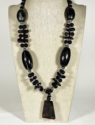 Designer Black Plastic And Silver Tone Beaded Necklace W Pendant