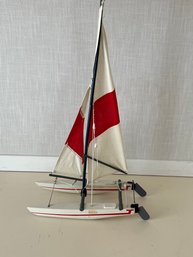 Vintage Model Sailboat - Nautical Catamaran With Wooden Frame And Cloth Sails - 24' Tall