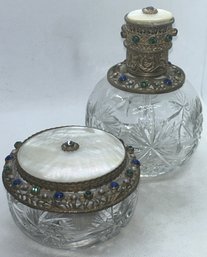 Stunning Antique Bohemian Gemstone Vanity Box And Perfume Bottle With Mother Of Pearl Tops