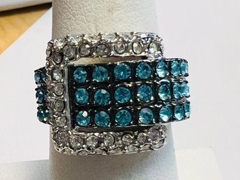 GORGEOUS SILVER TONE BLUE/WHITE RHINESTONE BUCKLE RING BY ADRIENNE