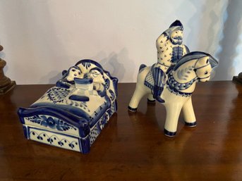 Gzhel Porcelain Bed Box And Russian Officer On Horse