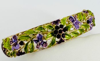 PRETTY GOLD TONE PURPLE & GREEN ENAMEL PURPLE RHINESTONE CLAMPER BRACELET