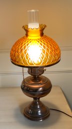 Antique Electrified Hurricane Lamp W/amber Quilted Shade