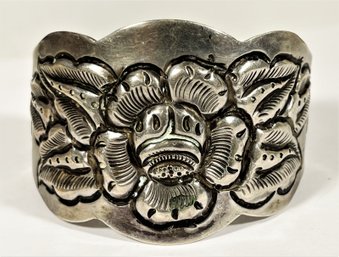 Large South American Chased Repousse Cuff Bracelet With Large Flower Motif