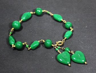 Art Deco Era Jadeite Glass Beaded Gold Tone Bracelet Heart Tassel