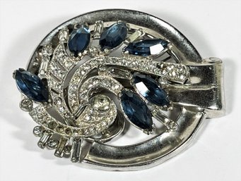 Large Signed McClelland Barclay Rhodium Plated Deco Retro Brooch In Blue