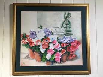 Lovely Vintage Watercolor Of Flowers In Flower Pots - Signed Q - Could Not Find Any Information About Artist