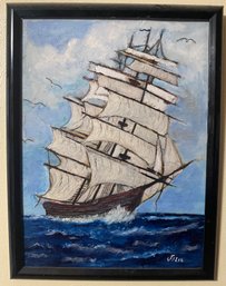 Framed Oil On Board Of A Ship Signed Julio