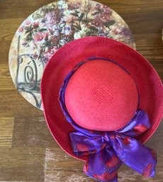 Charming Red Hat With Purple Ribbon Comes With Beautiful Floral Box LR