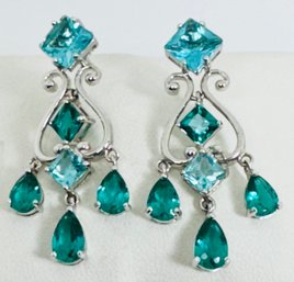 DESIGNER ROSS SIMONS GORGEOUS STERLING SILVER TWO TONE FACETED BLUE GLASS DANGLE EARRINGS - BEAUTIFUL