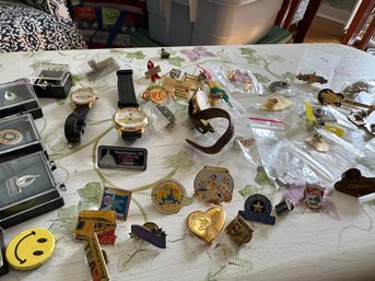 Huge Collection Of Pins And 3 Watches