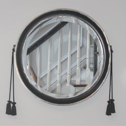 Sleek Round Black And Silver Mirror With Hobnail Trim And Black Sashes