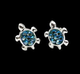 Cute Sterling Silver Blue Stone Glittery Turtle Earrings