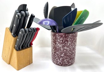 Knife Block With Over 12 Knives & Over 12 Kitchen Tools In Canister, Mostly Spatulas