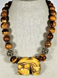 Beautiful Rare Japanese Carved Bone Netsuke Animal Necklace Having Amazing Turned Wood Beads