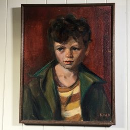 Antique Oil On Canvas Affixed To Masonite Painting Of Little Boy - Signed L COOK - Circa 1930s / 1940s