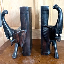 A Pair Of Carved Elephant Book Ends