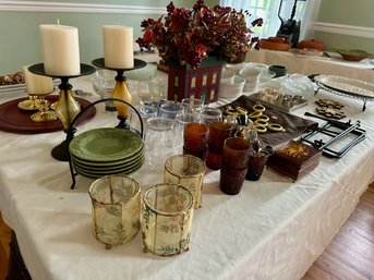 Table Lot Of Decorative Items! Plates, Candles, Serving Tray, Knives, Flowers