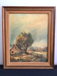 Oil On Board Framed Tree/house Landscape