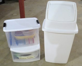 Mixed Lot Of Storage Totes & Kitchen Swing Top Trash Can