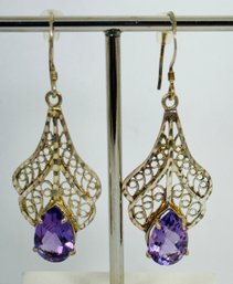 PRETTY STERLING SILVER BRIGHT CUT AMETHYST DANGLE EARRINGS