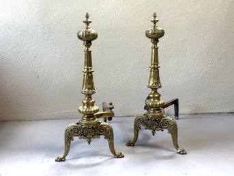 A Beautiful Pair Of Ornate Vintage Andirons In Polished Brass