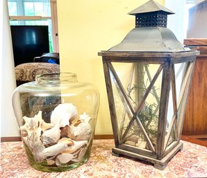 A Coastal Lantern And Shell Canister Decor