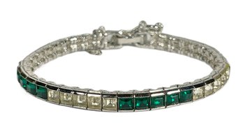 Vintage White And Green Rhinestone Rhodium Plated Bracelet Signed CINER`