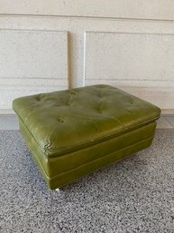 Vintage Mid Century Avocado Green Leather Hassock On Castors