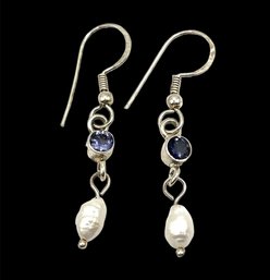 Sterling Silver Blue Topaz Color And White Beaded Dangle Earrings