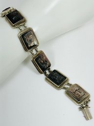 VINTAGE 800 SILVER CARVED ABALONE ROMAN CHARIOT SCENES LINK BRACELET