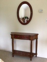 Beautiful Burgundy Stenciled Hall Table And Oval Mirror