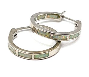 Beautiful Vintage Sterling Silver Opal Color Inlay Hoop Earrings