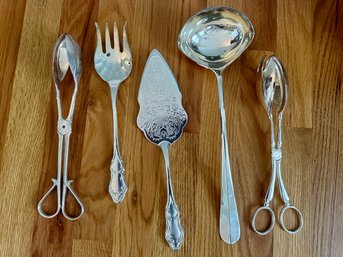 Silver Plated Service Pieces - Tongs, Ladle, Cake Server, Meat Fork